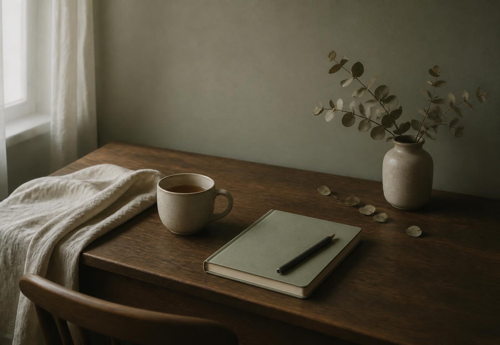A wooden table by a window with tea, a closed notebook and a pencil